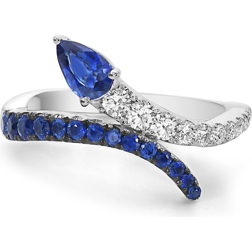 Pear Shape Blue Sapphire and Diamond Serpentine Bypass Ring in 18K White Gold by Charles Krypell