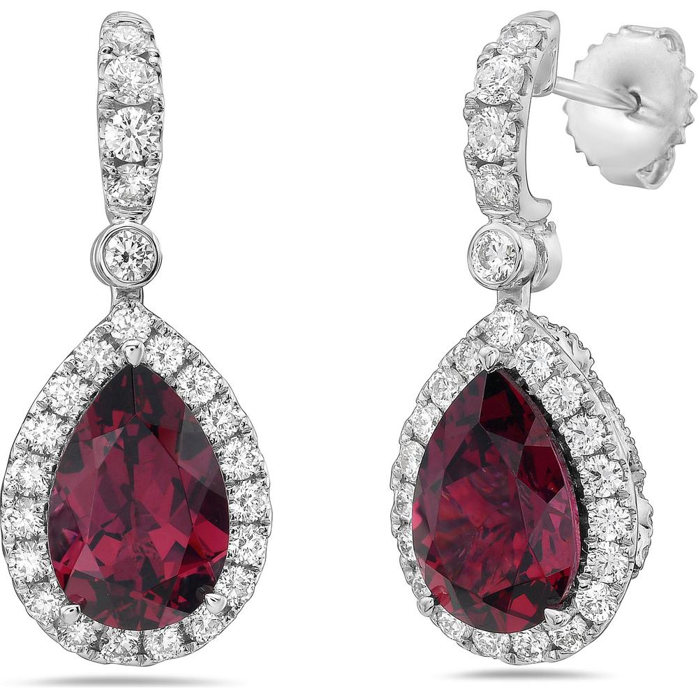 Pear Shape Garnet, Diamond and Pink Sapphire Drop Earrings in 18K White Gold by Charles Krypell