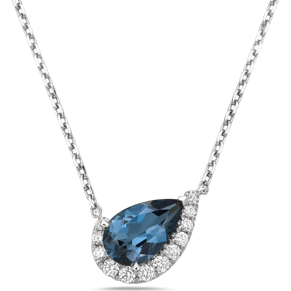 Pear Shape London Blue Topaz and Diamond Cradle Pendant Necklace in 18K White Gold by Charles Krypell