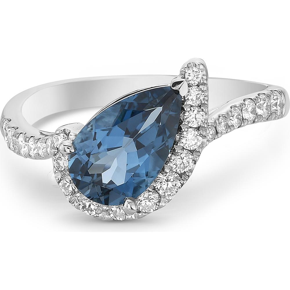 Pear Shape London Blue Topaz and Diamond Cradle Ring in 18K White Gold by Charles Krypell
