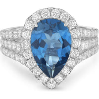 Pear Shape London Blue Topaz, Diamond and Blue Sapphire and Triple Row Split Shank Ring in 18K White Gold by Charles Krypell