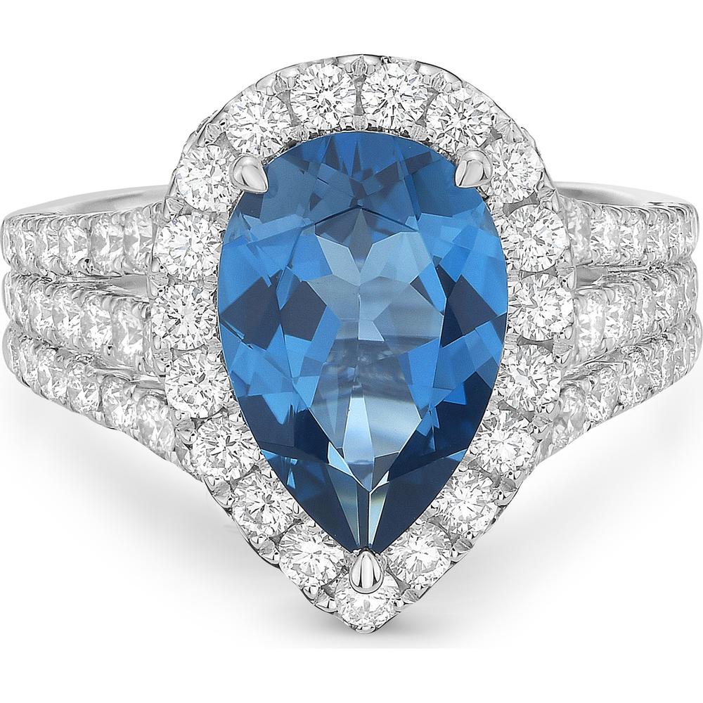 Pear Shape London Blue Topaz, Diamond and Blue Sapphire and Triple Row Split Shank Ring in 18K White Gold by Charles Krypell