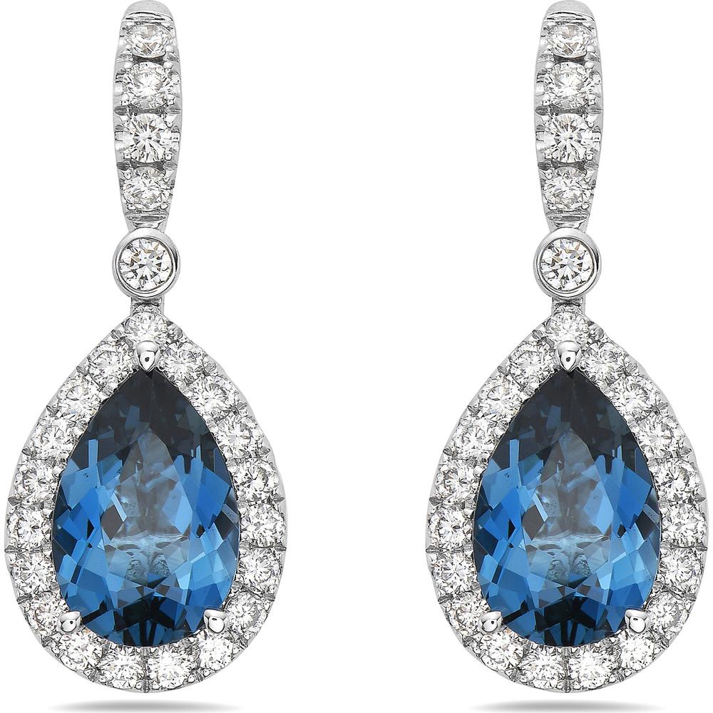 Pear Shape London Blue Topaz, Diamond and Blue Sapphire Drop Earrings in 18K White Gold by Charles Krypell