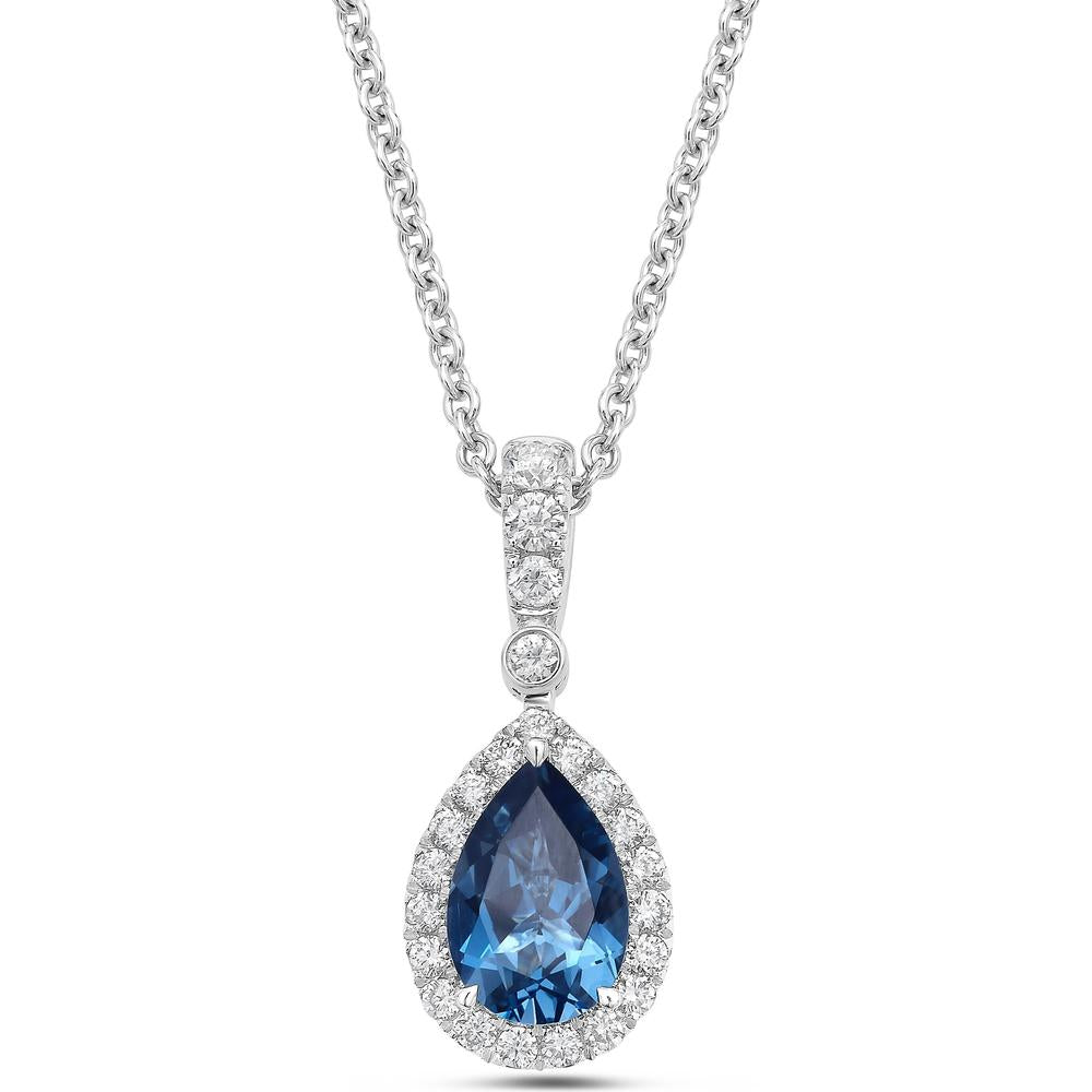 Pear Shape London Blue Topaz, Diamond and Blue Sapphire Pendant Necklace in 18K White Gold by Charles Krypell