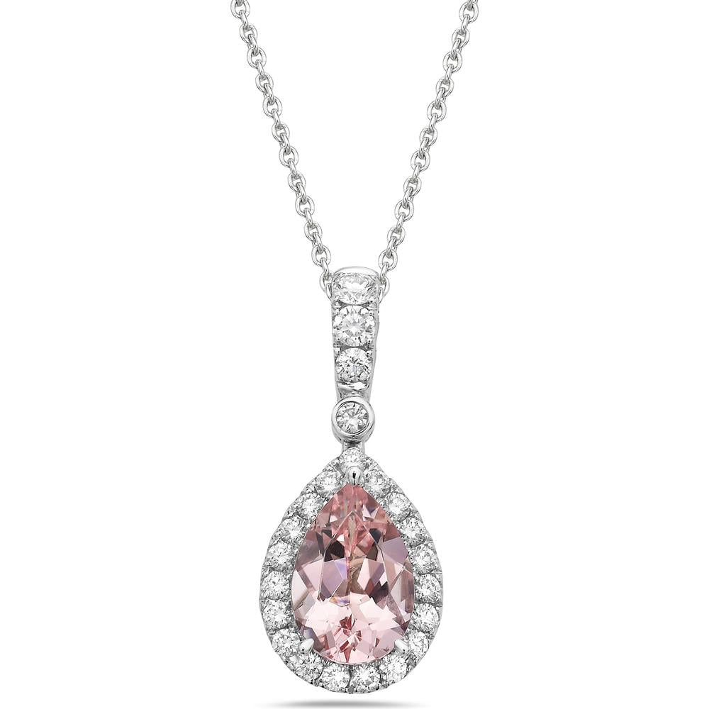 Pear Shape Morganite, Diamond and Pink Sapphire Pendant Necklace in 18K White Gold by Charles Krypell