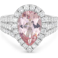 Pear Shape Morganite, Diamond and Pink Sapphire Triple Row Split Shank Morganite Ring in 18K White Gold by Charles Krypell