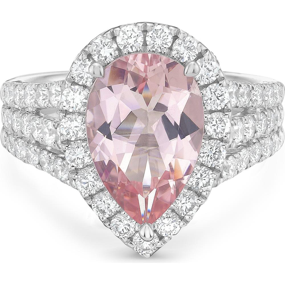 Pear Shape Morganite, Diamond and Pink Sapphire Triple Row Split Shank Morganite Ring in 18K White Gold by Charles Krypell