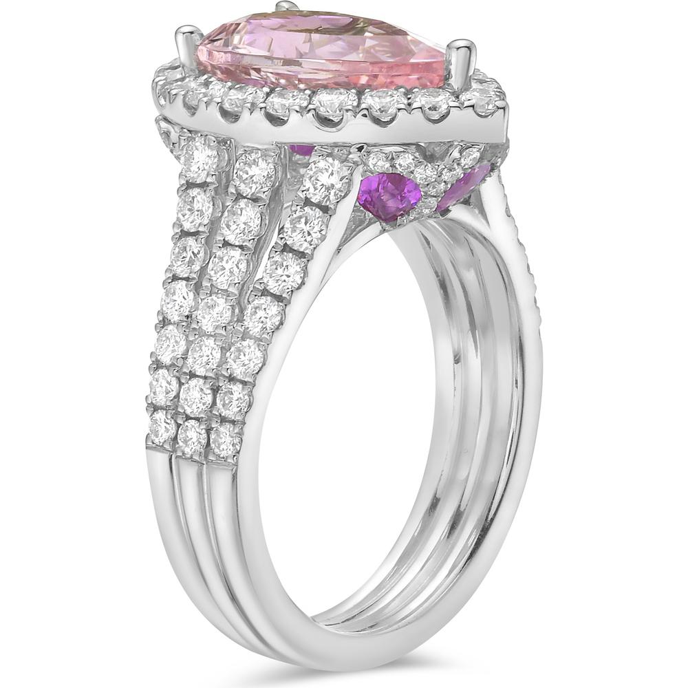 Pear Shape Morganite, Diamond and Pink Sapphire Triple Row Split Shank Morganite Ring in 18K White Gold by Charles Krypell