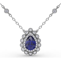 Pear-Shaped Blue Sapphire Floral Halo Pendant with Diamond Station Accents by Fana - 1.03 Carat Total Gemstone Weight