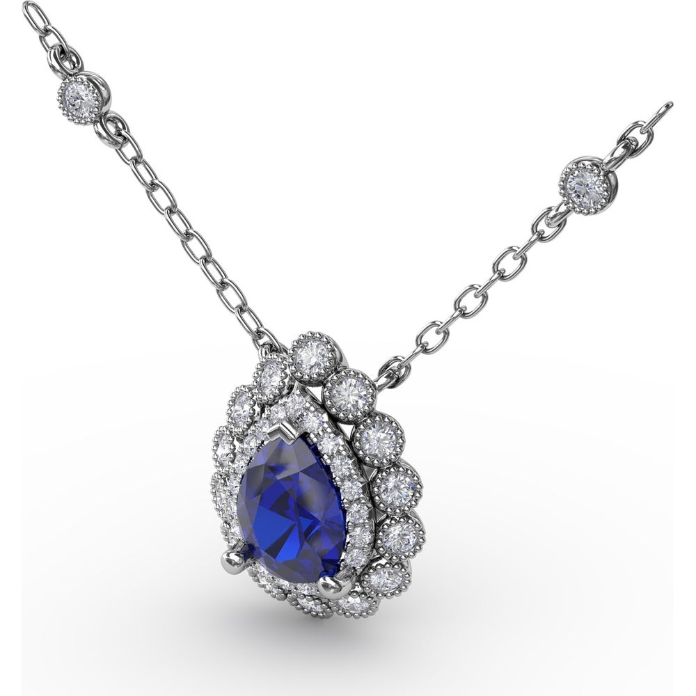Pear-Shaped Blue Sapphire Floral Halo Pendant with Diamond Station Accents by Fana - 1.03 Carat Total Gemstone Weight