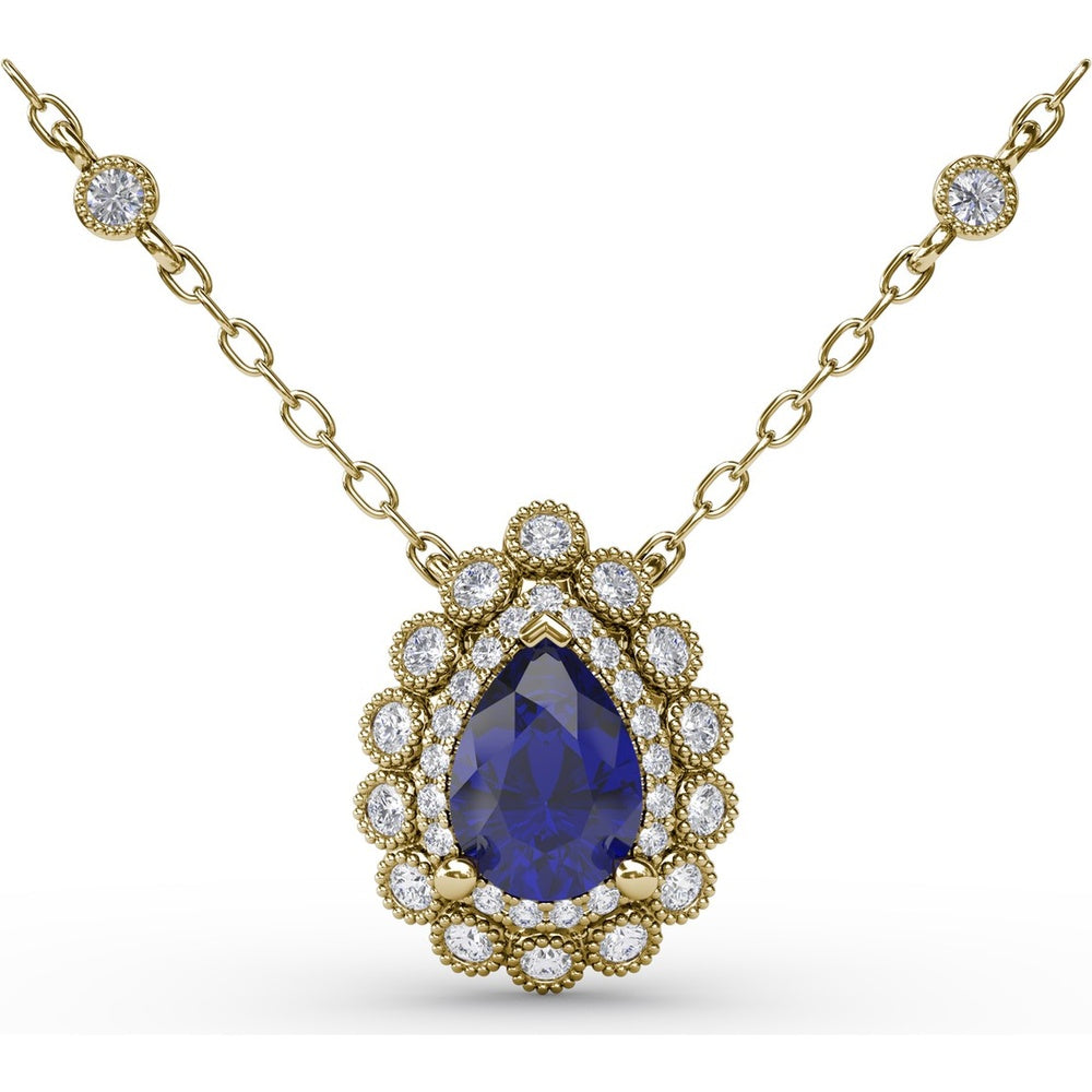 Pear-Shaped Blue Sapphire Floral Halo Pendant with Diamond Station Accents by Fana - 1.03 Carat Total Gemstone Weight