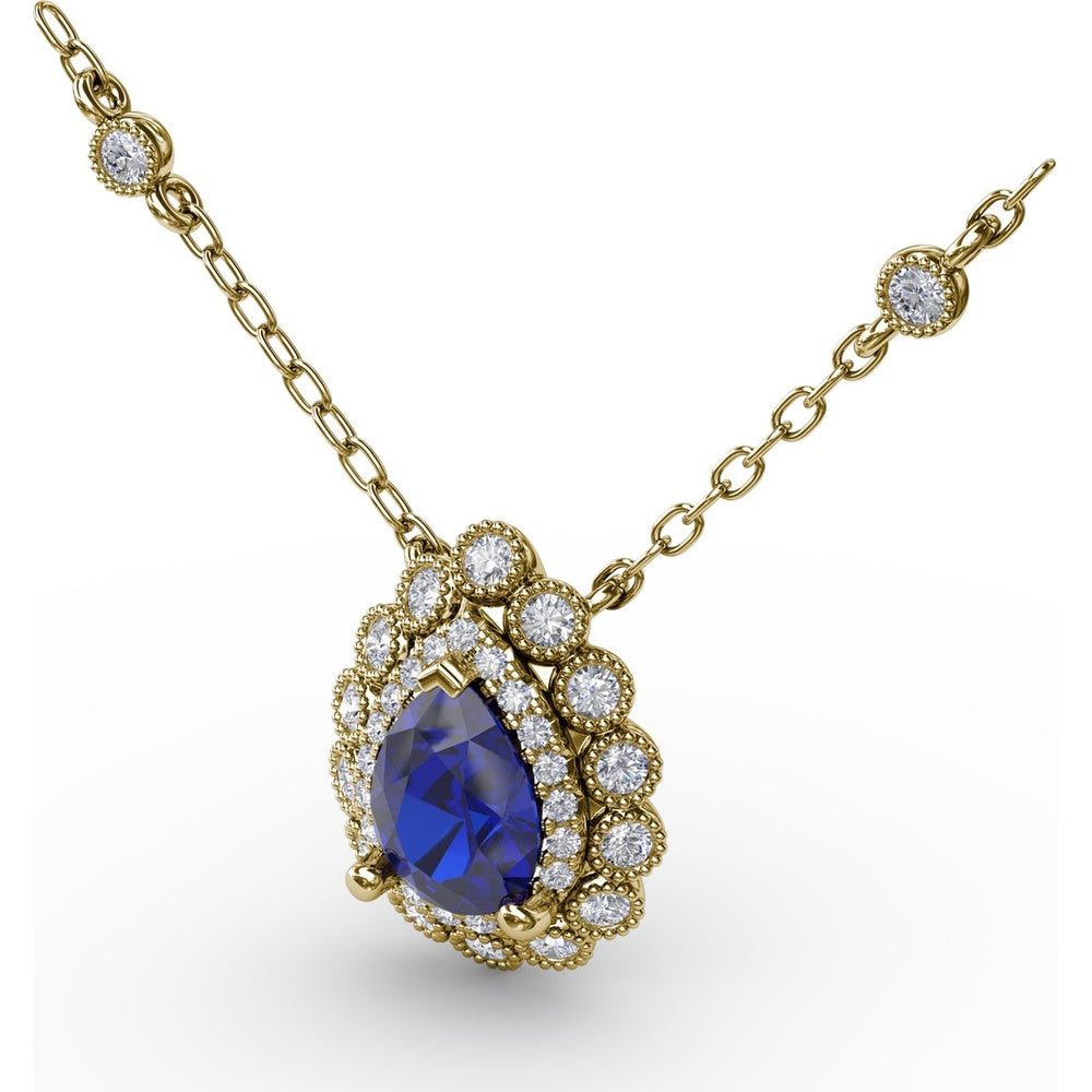 Pear-Shaped Blue Sapphire Floral Halo Pendant with Diamond Station Accents by Fana - 1.03 Carat Total Gemstone Weight