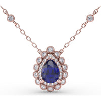 Pear-Shaped Blue Sapphire Floral Halo Pendant with Diamond Station Accents by Fana - 1.03 Carat Total Gemstone Weight