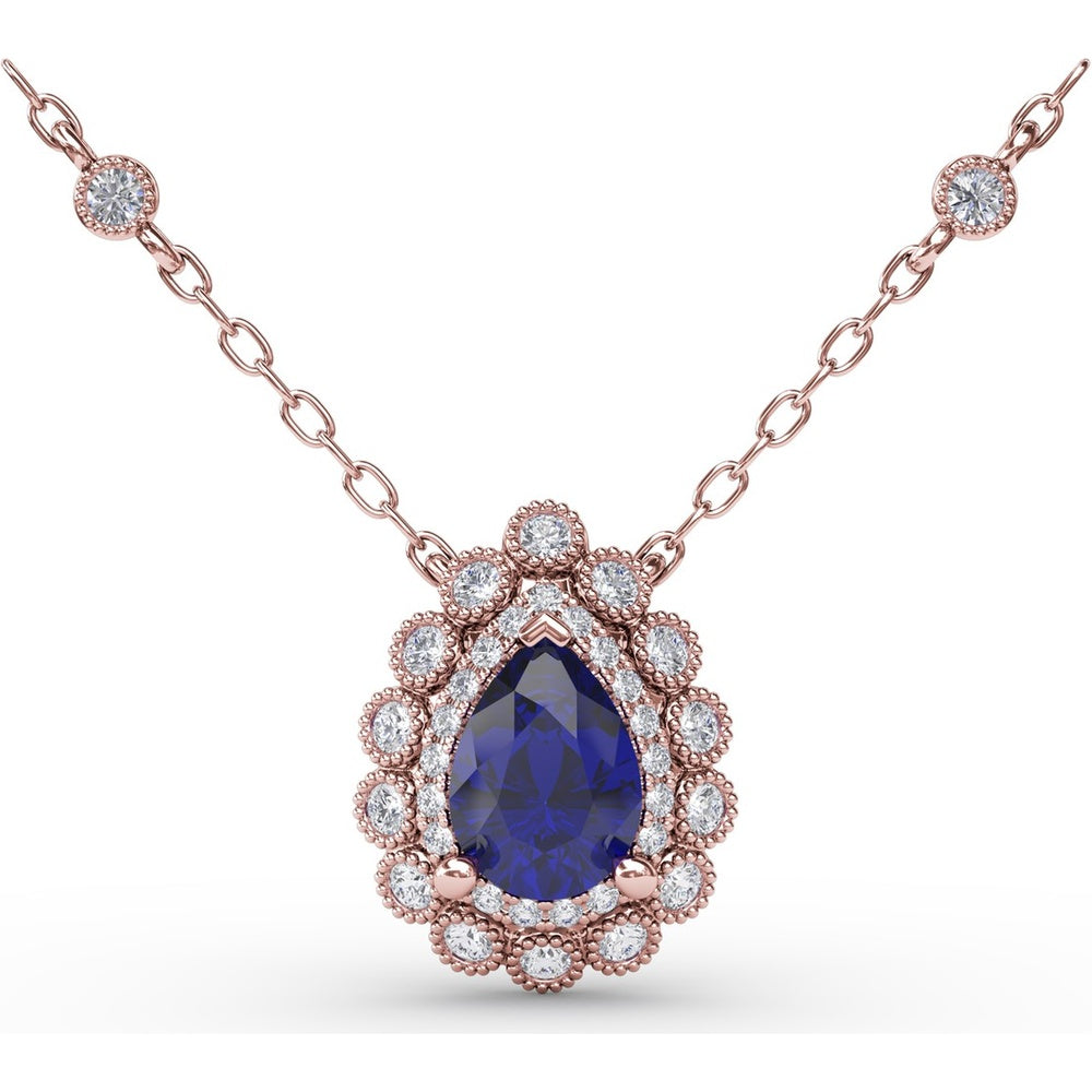 Pear-Shaped Blue Sapphire Floral Halo Pendant with Diamond Station Accents by Fana - 1.03 Carat Total Gemstone Weight