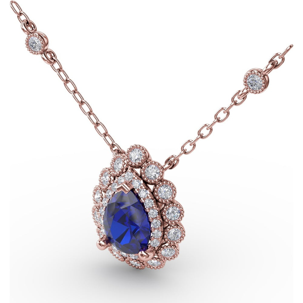 Pear-Shaped Blue Sapphire Floral Halo Pendant with Diamond Station Accents by Fana - 1.03 Carat Total Gemstone Weight