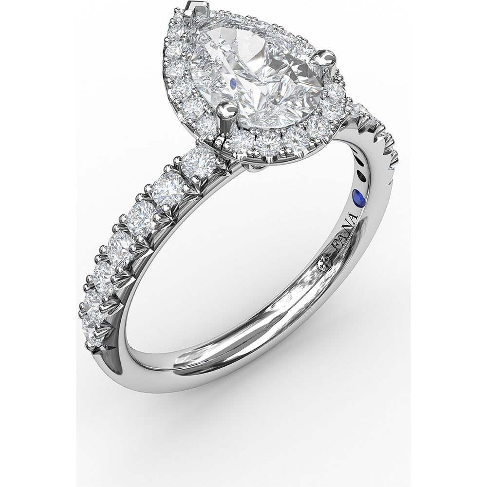 Pear-Shaped Diamond Halo Engagement Ring Setting with Pavé Band and Hidden Gallery Detail by Fana - 0.61 Carat Total Diamond Weight