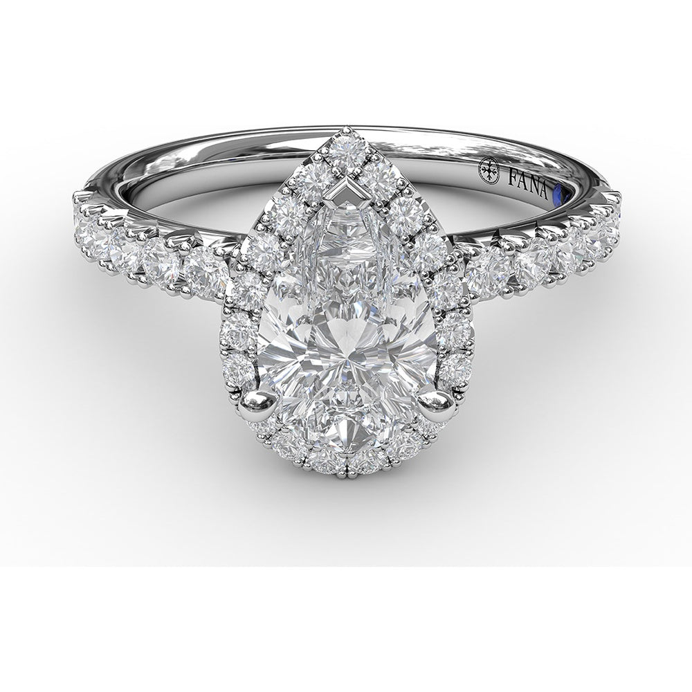 Pear-Shaped Diamond Halo Engagement Ring Setting with Pavé Band and Hidden Gallery Detail by Fana - 0.61 Carat Total Diamond Weight