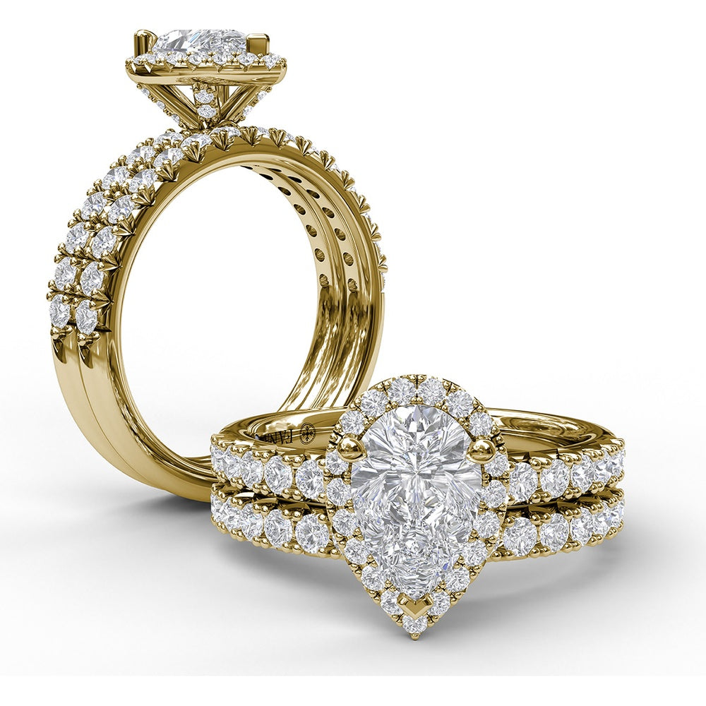 Pear-Shaped Diamond Halo Engagement Ring Setting with Pavé Band and Hidden Gallery Detail by Fana - 0.61 Carat Total Diamond Weight