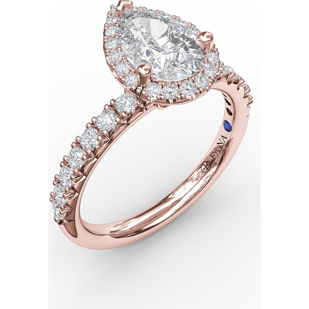 Pear-Shaped Diamond Halo Engagement Ring Setting with Pavé Band and Hidden Gallery Detail by Fana - 0.61 Carat Total Diamond Weight