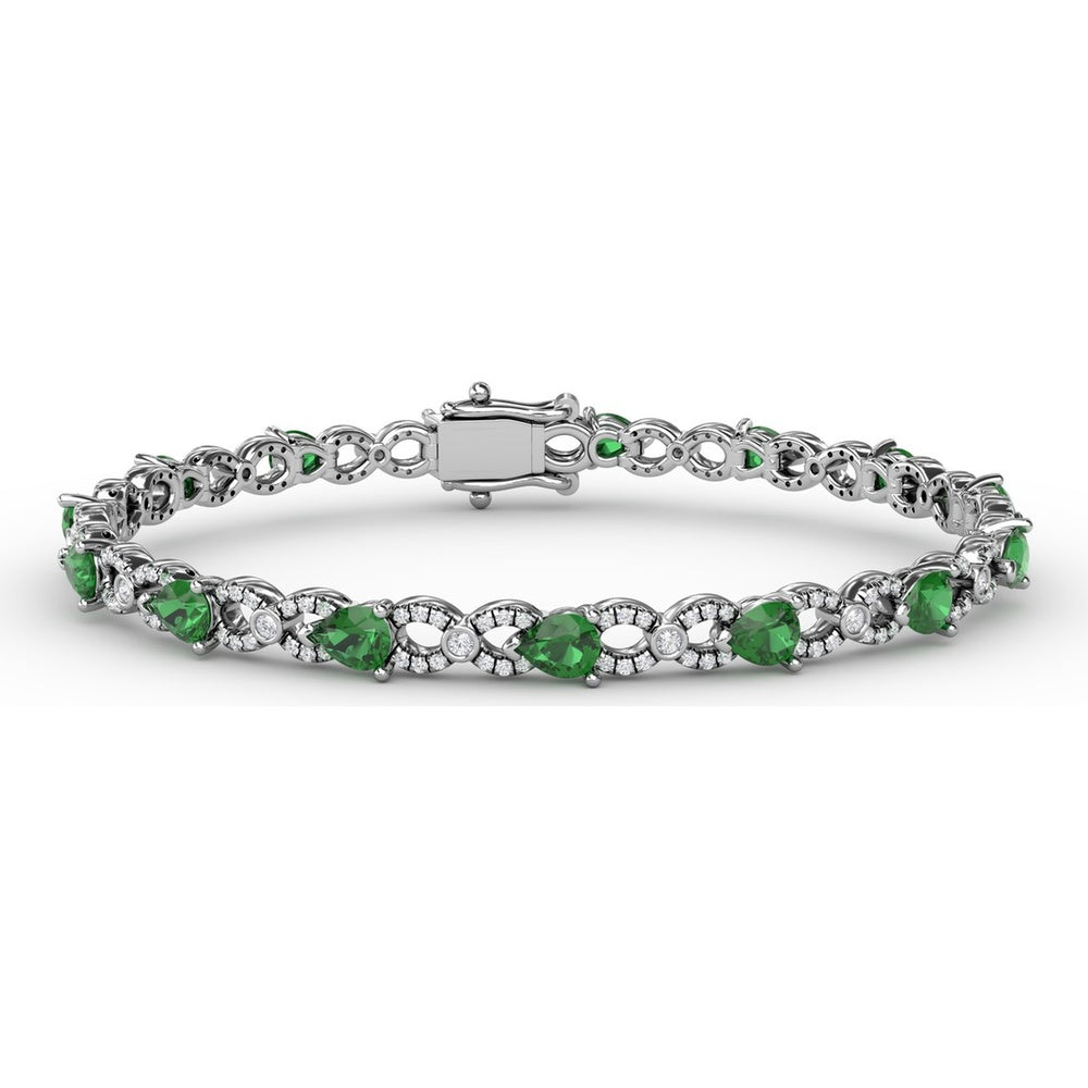 Pear-Shaped Emerald and Diamond Alternating Bracelet with Milgrain Detail by Fana - 5.61 Carat Total Gemstone Weight