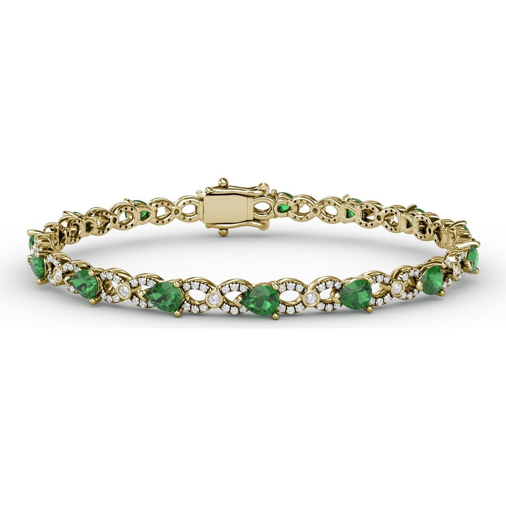 Pear-Shaped Emerald and Diamond Alternating Bracelet with Milgrain Detail by Fana - 5.61 Carat Total Gemstone Weight