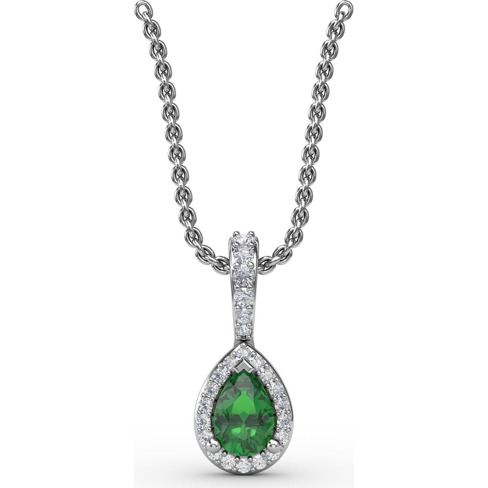 Pear-Shaped Emerald Pendant with Diamond Halo and Pavé Bail by Fana - 0.48 Carat Total Gemstone Weight