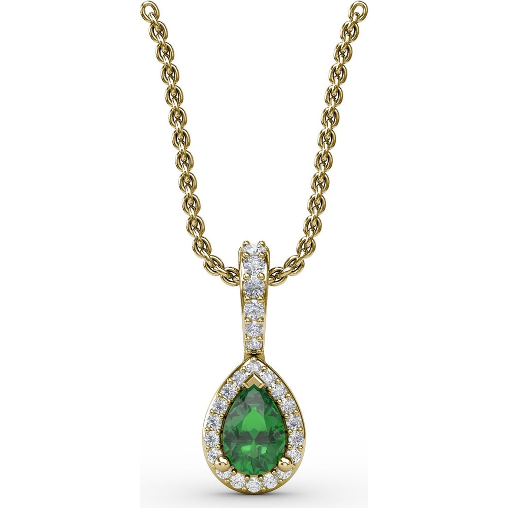 Pear-Shaped Emerald Pendant with Diamond Halo and Pavé Bail by Fana - 0.48 Carat Total Gemstone Weight
