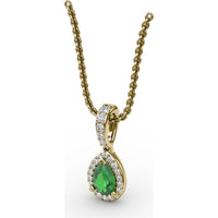 Pear-Shaped Emerald Pendant with Diamond Halo and Pavé Bail by Fana - 0.48 Carat Total Gemstone Weight