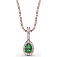 Pear-Shaped Emerald Pendant with Diamond Halo and Pavé Bail by Fana - 0.48 Carat Total Gemstone Weight