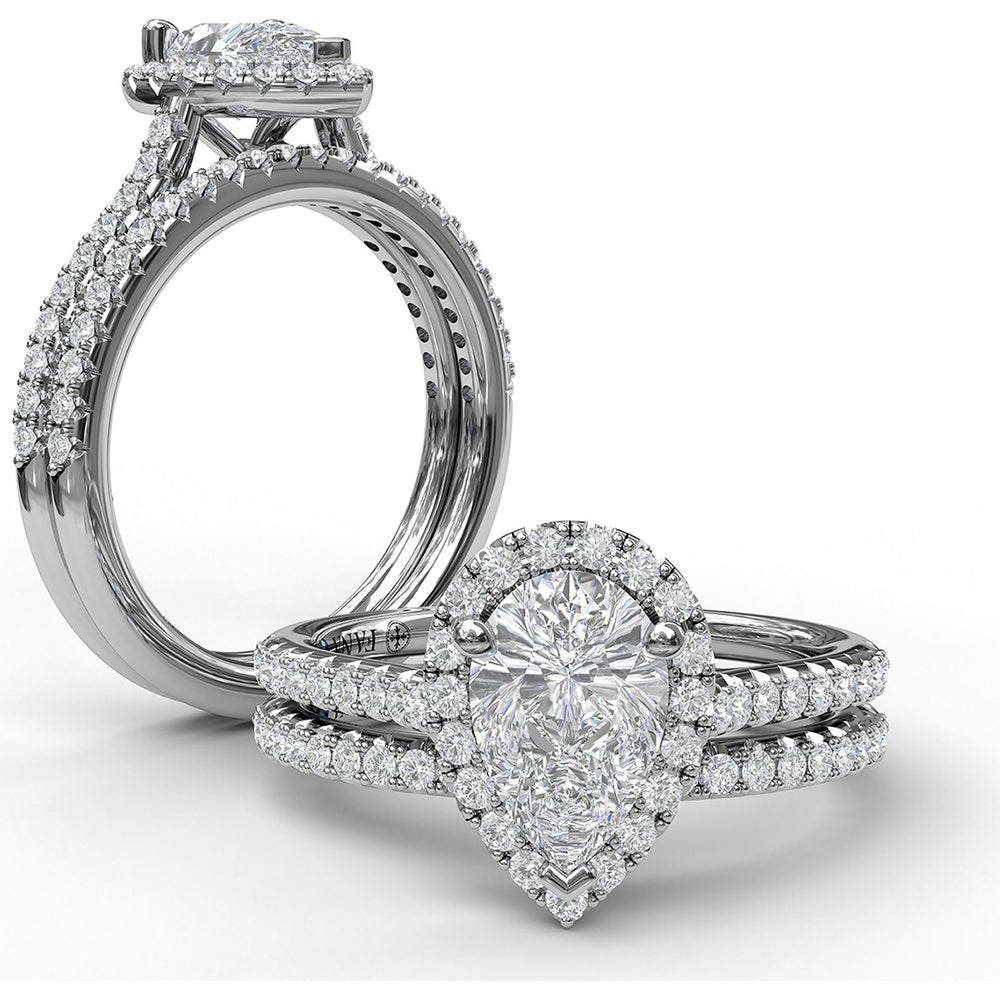 Pear-Shaped Halo Engagement Ring Setting with Pavé Diamond Band by Fana - 0.34 Carat Total Diamond Weight