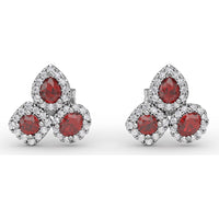 Pear-Shaped Ruby and Diamond Halo Cluster Stud Earrings by Fana - 1.71 Carat Total Gemstone Weight