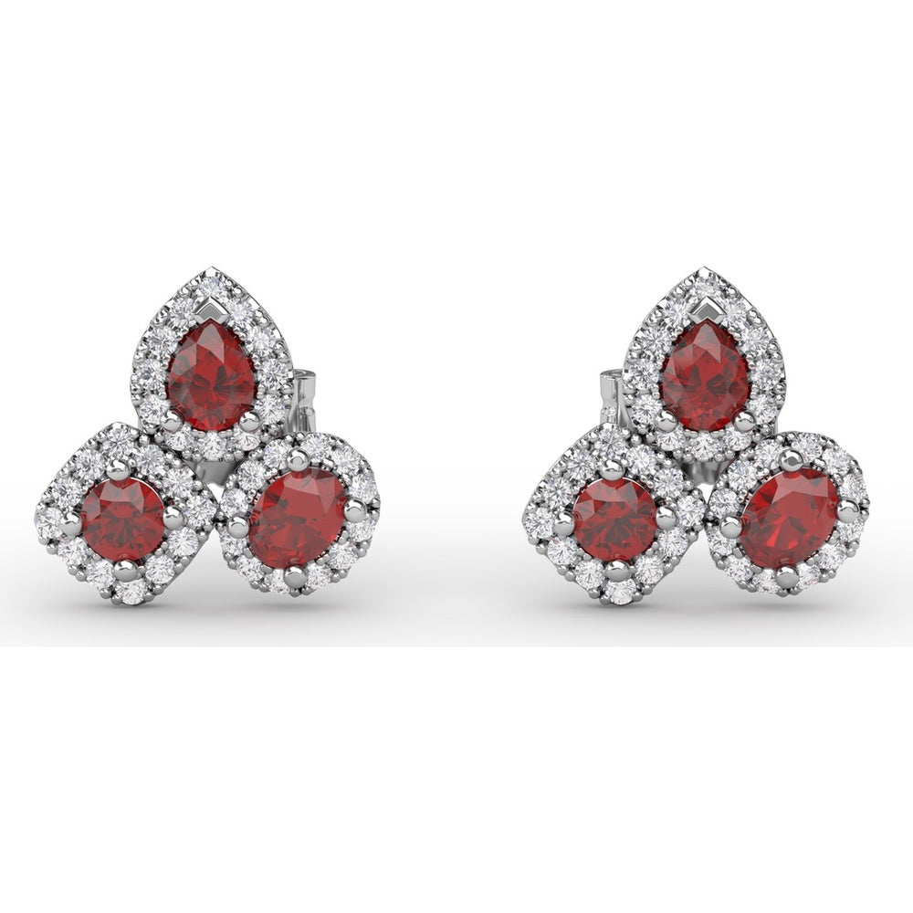 Pear-Shaped Ruby and Diamond Halo Cluster Stud Earrings by Fana - 1.71 Carat Total Gemstone Weight