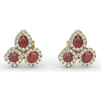 Pear-Shaped Ruby and Diamond Halo Cluster Stud Earrings by Fana - 1.71 Carat Total Gemstone Weight