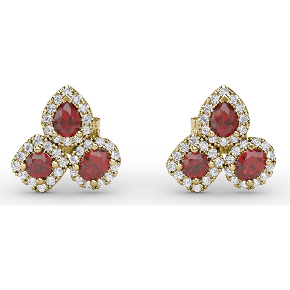Pear-Shaped Ruby and Diamond Halo Cluster Stud Earrings by Fana - 1.71 Carat Total Gemstone Weight