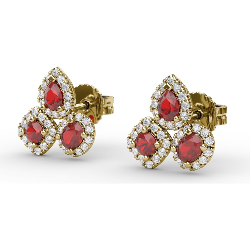 Pear-Shaped Ruby and Diamond Halo Cluster Stud Earrings by Fana - 1.71 Carat Total Gemstone Weight