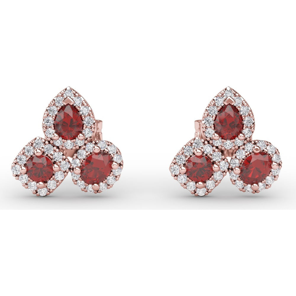 Pear-Shaped Ruby and Diamond Halo Cluster Stud Earrings by Fana - 1.71 Carat Total Gemstone Weight