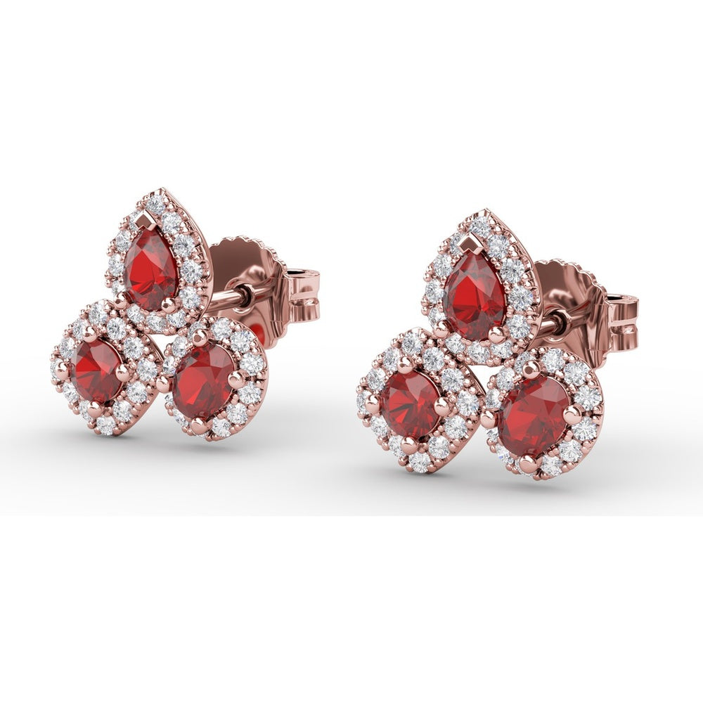 Pear-Shaped Ruby and Diamond Halo Cluster Stud Earrings by Fana - 1.71 Carat Total Gemstone Weight
