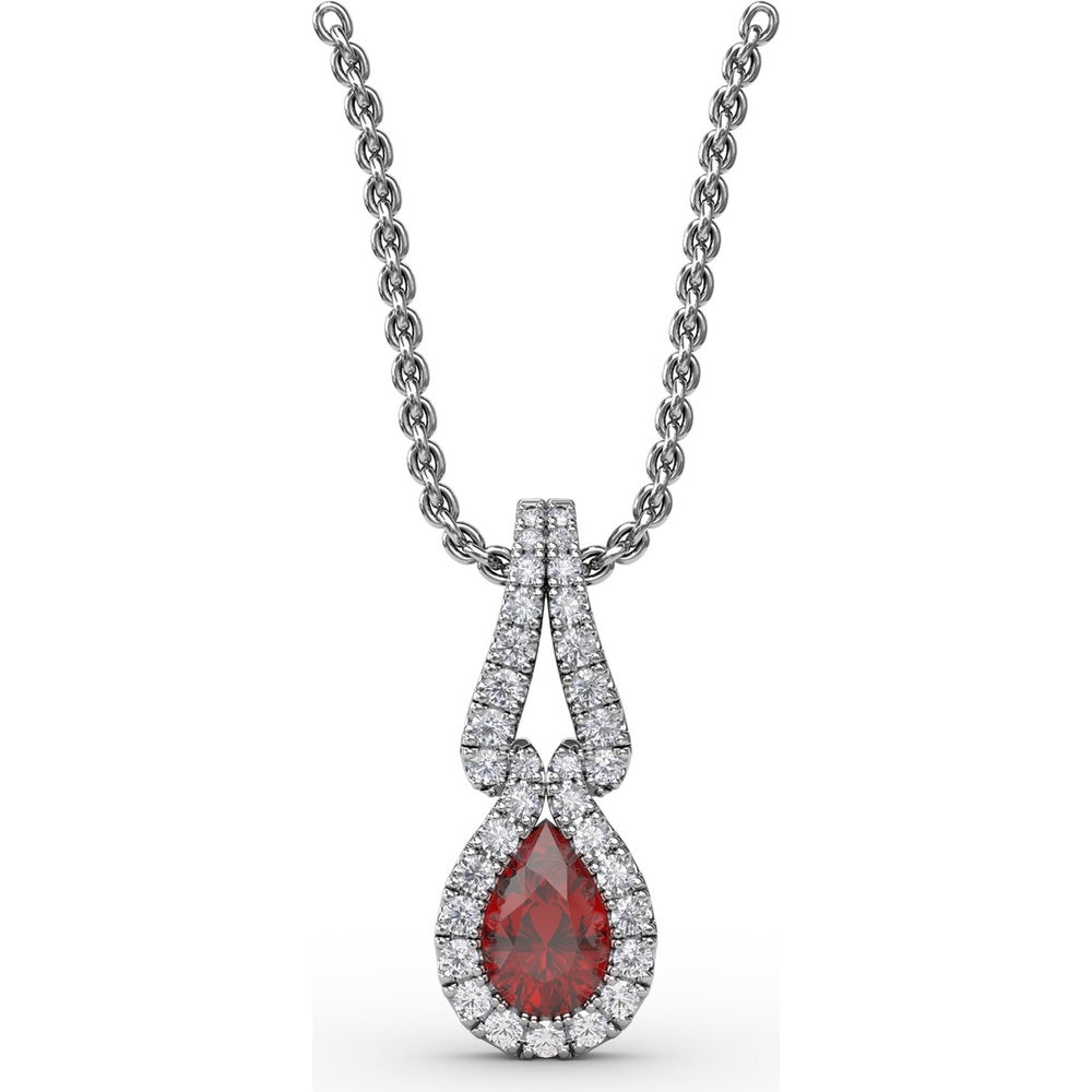 Pear-Shaped Ruby and Diamond Halo Pendant with Pavé Setting by Fana - 0.73 Carat Total Gemstone Weight