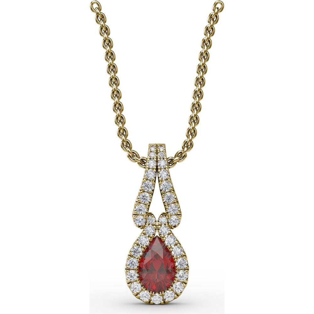 Pear-Shaped Ruby and Diamond Halo Pendant with Pavé Setting by Fana - 0.73 Carat Total Gemstone Weight