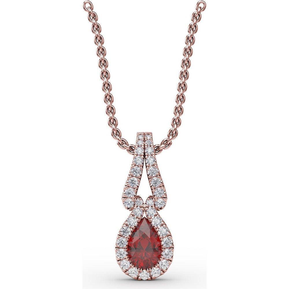 Pear-Shaped Ruby and Diamond Halo Pendant with Pavé Setting by Fana - 0.73 Carat Total Gemstone Weight