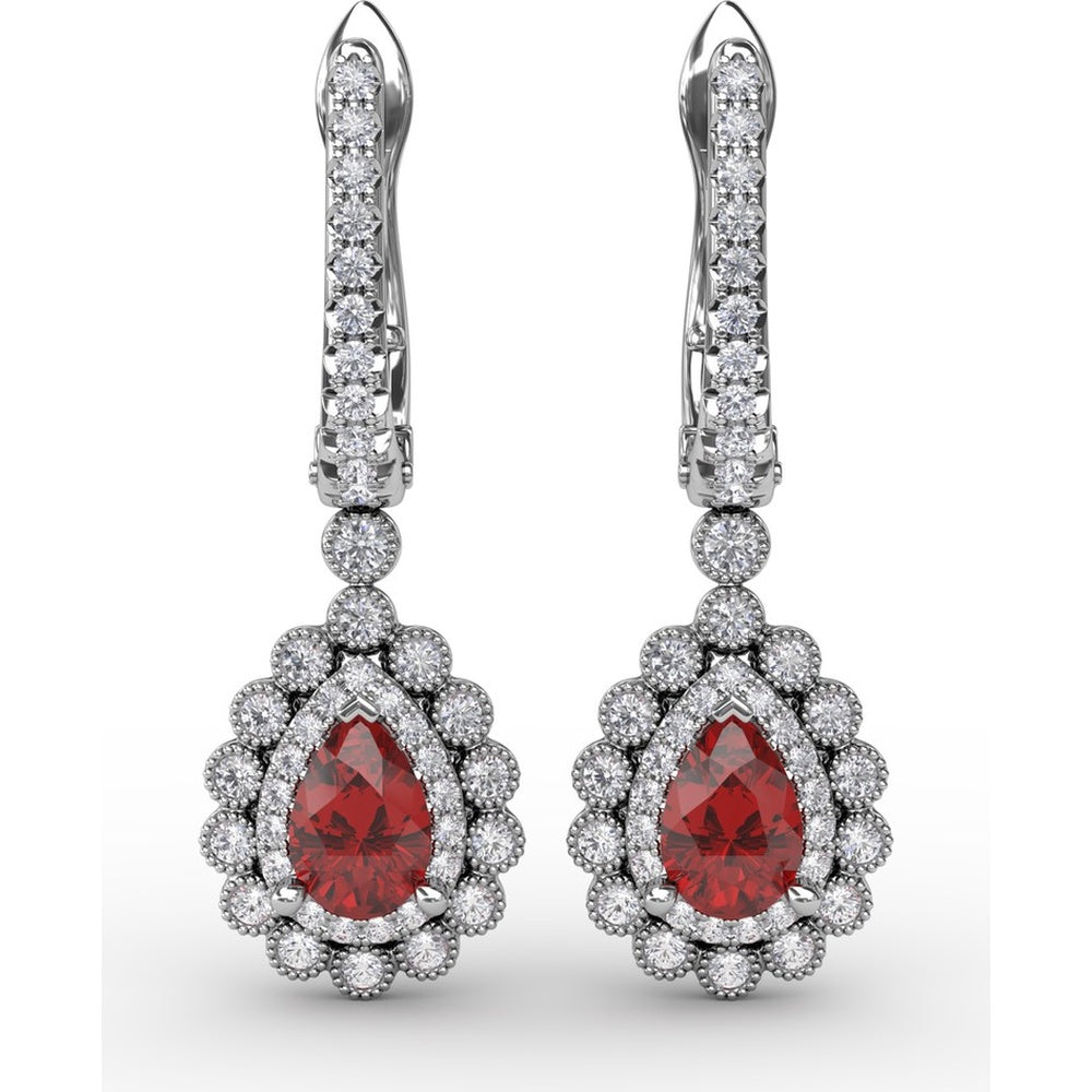 Pear-Shaped Ruby Drop Earrings with Diamond Halo and Pavé Details by Fana - 1.55 Carat Total Gemstone Weight