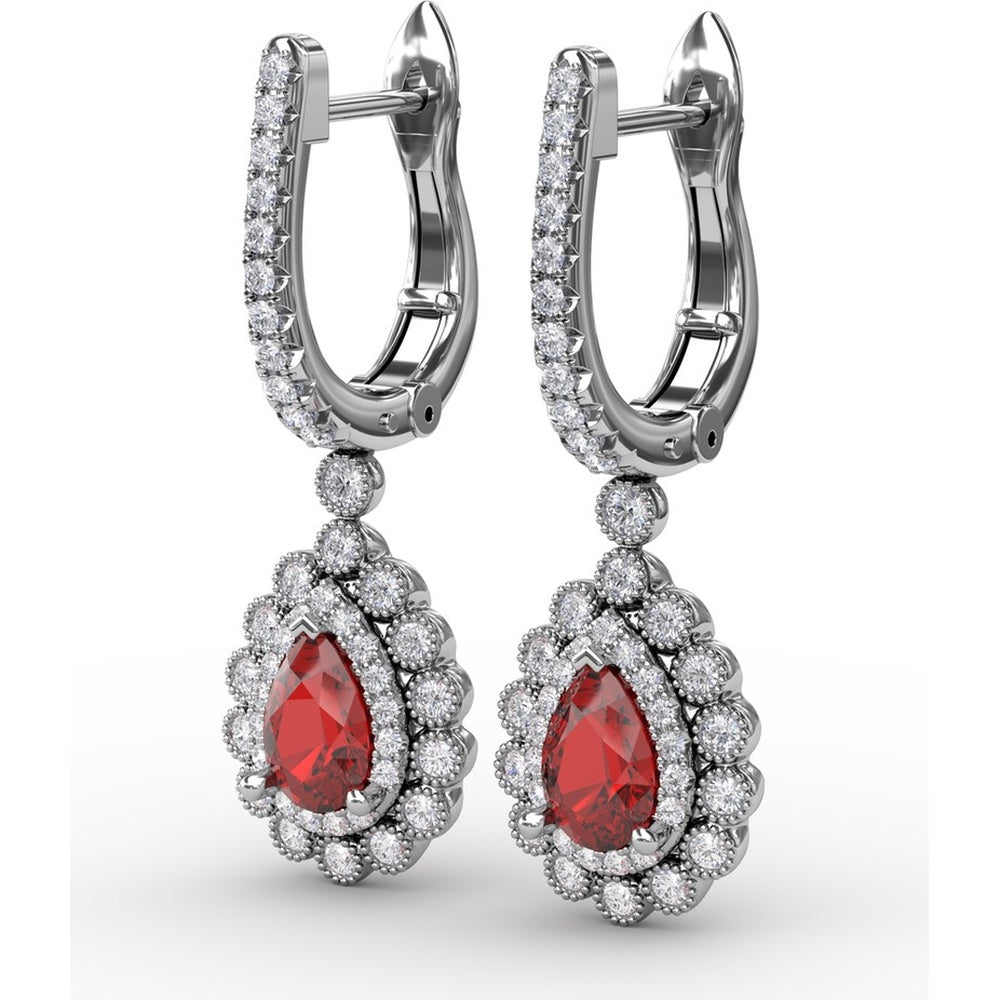 Pear-Shaped Ruby Drop Earrings with Diamond Halo and Pavé Details by Fana - 1.55 Carat Total Gemstone Weight