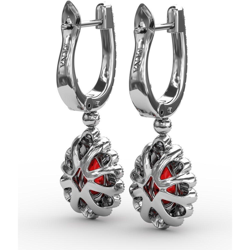 Pear-Shaped Ruby Drop Earrings with Diamond Halo and Pavé Details by Fana - 1.55 Carat Total Gemstone Weight