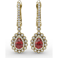 Pear-Shaped Ruby Drop Earrings with Diamond Halo and Pavé Details by Fana - 1.55 Carat Total Gemstone Weight