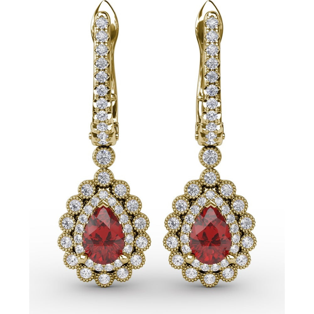 Pear-Shaped Ruby Drop Earrings with Diamond Halo and Pavé Details by Fana - 1.55 Carat Total Gemstone Weight
