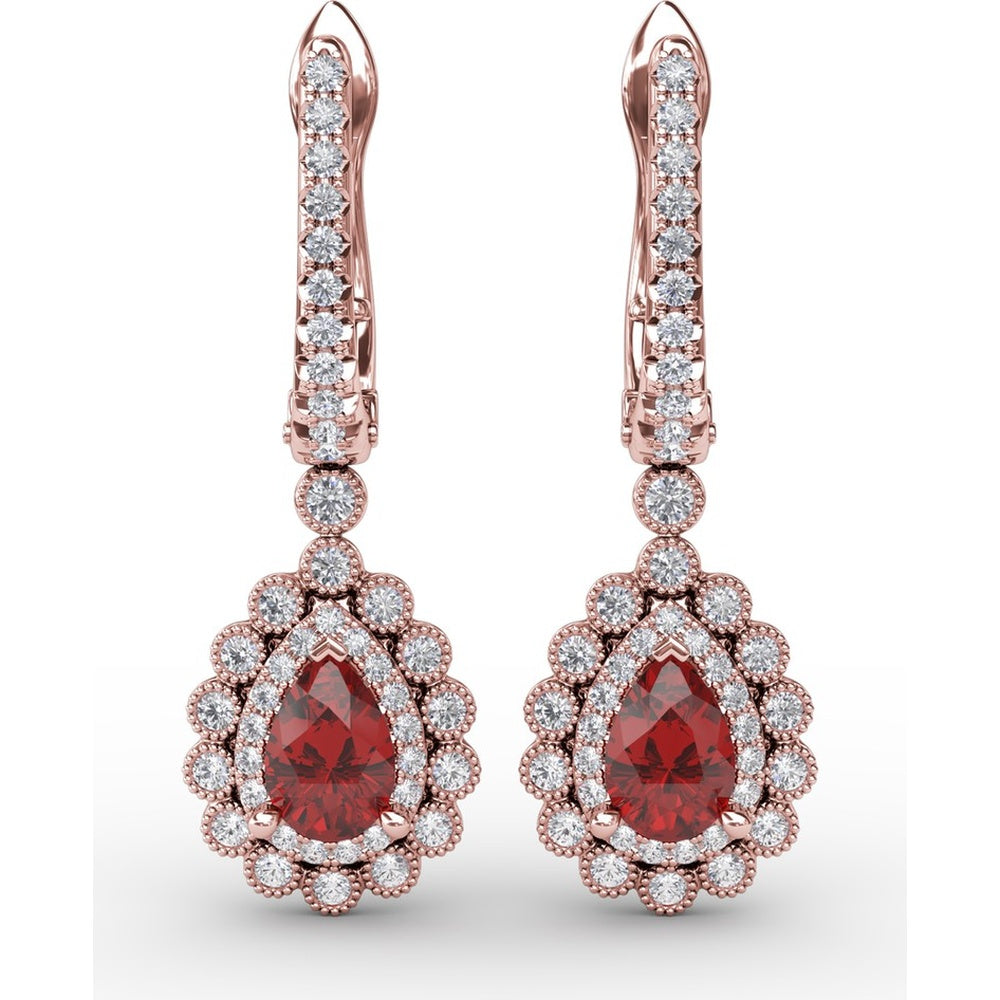 Pear-Shaped Ruby Drop Earrings with Diamond Halo and Pavé Details by Fana - 1.55 Carat Total Gemstone Weight