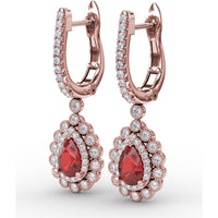 Pear-Shaped Ruby Drop Earrings with Diamond Halo and Pavé Details by Fana - 1.55 Carat Total Gemstone Weight