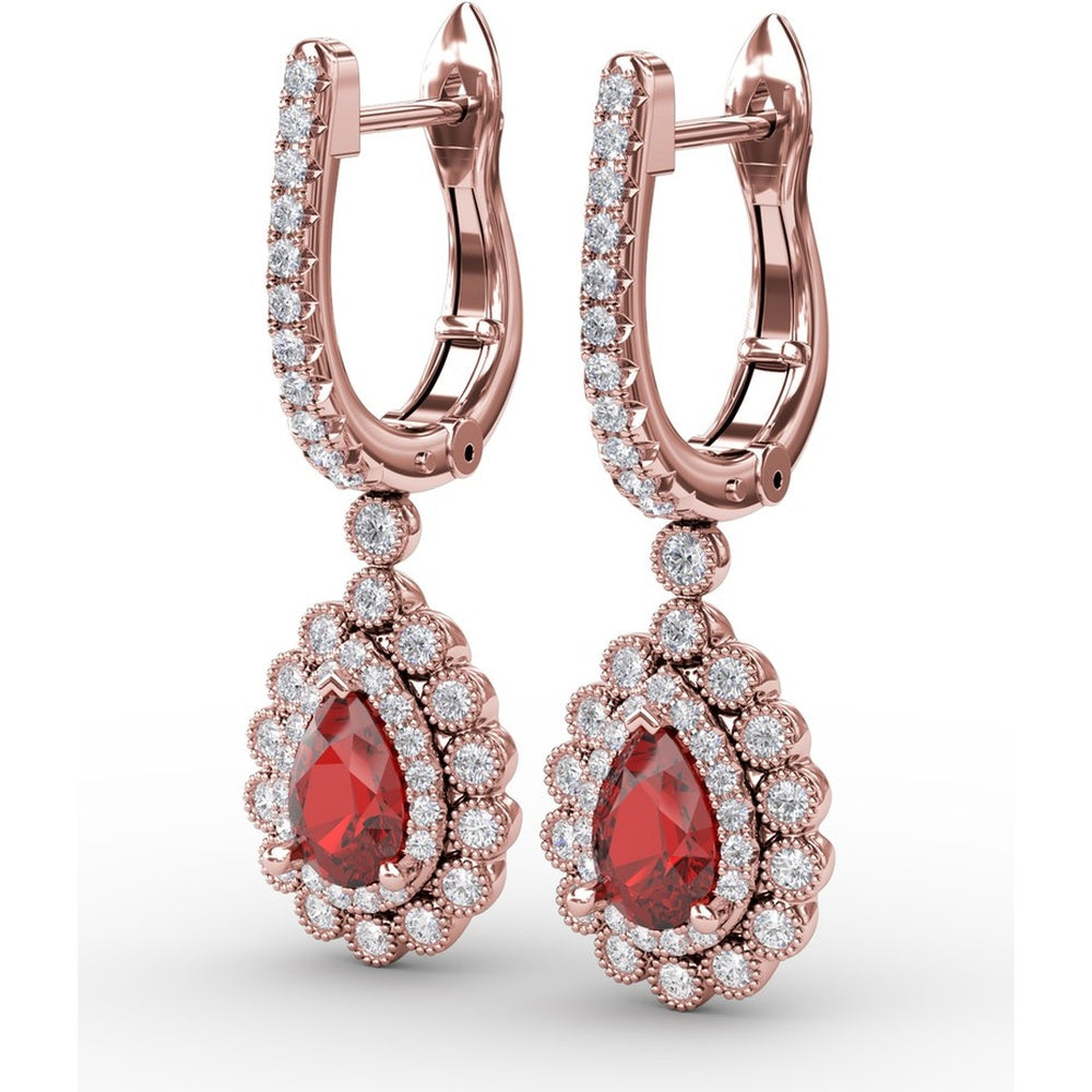 Pear-Shaped Ruby Drop Earrings with Diamond Halo and Pavé Details by Fana - 1.55 Carat Total Gemstone Weight
