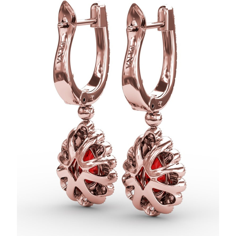 Pear-Shaped Ruby Drop Earrings with Diamond Halo and Pavé Details by Fana - 1.55 Carat Total Gemstone Weight