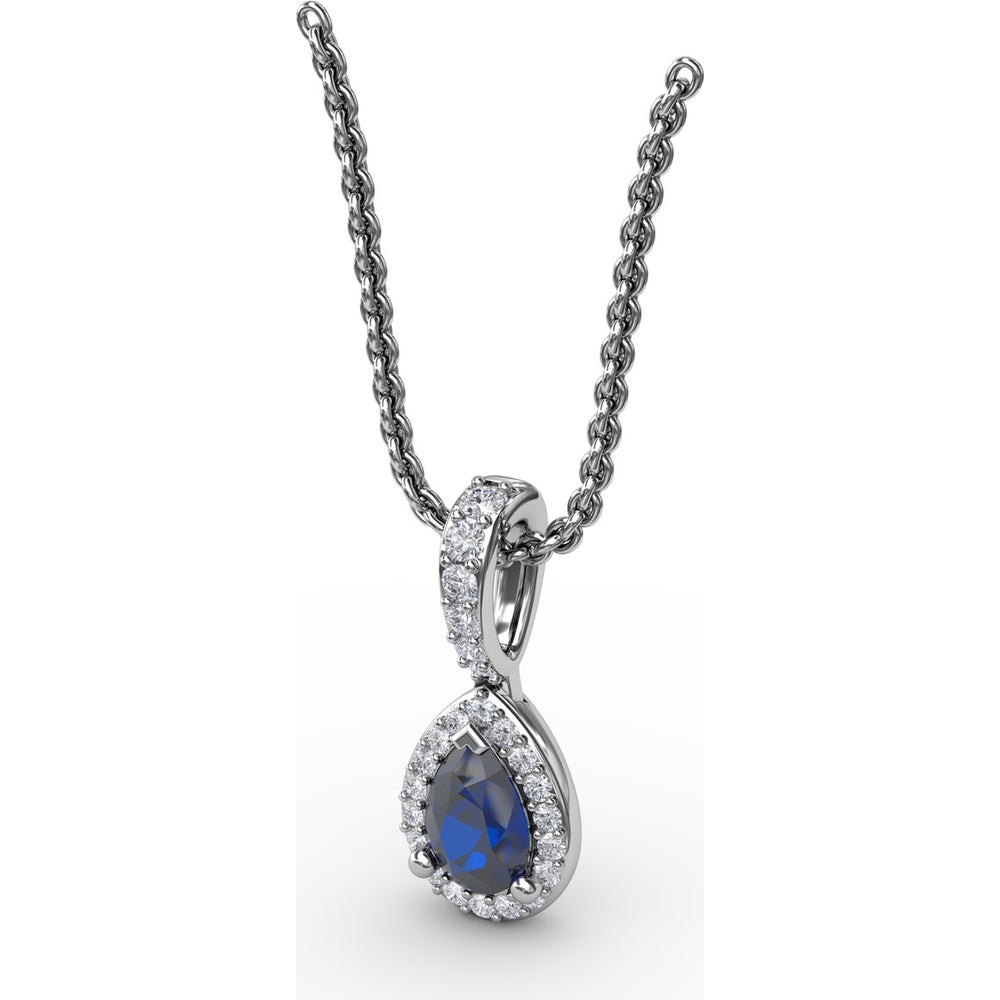 Pear-Shaped Sapphire and Diamond Halo Statement Pendant with Pavé Bail by Fana - 0.65 Carat Total Gemstone Weight
